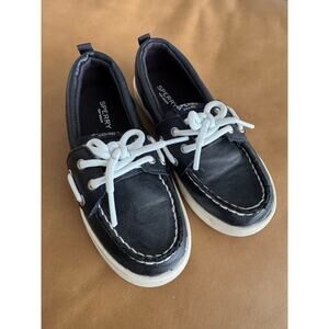 Sperry Topsider Navy Leather with white laces size boy 12 / hook and loop close